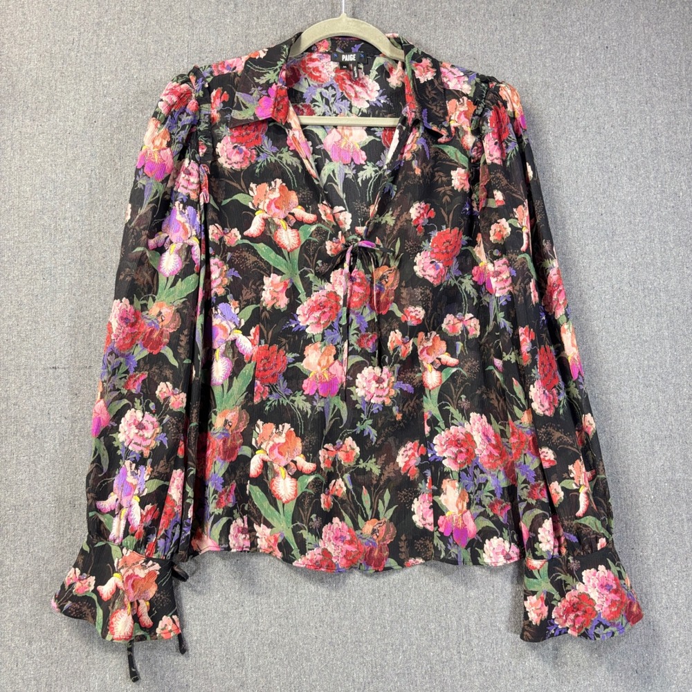 Paige Marsha Silk Blouse M Multi Floral Tie Neck Bell Sleeve Romantic Boho NWOT
